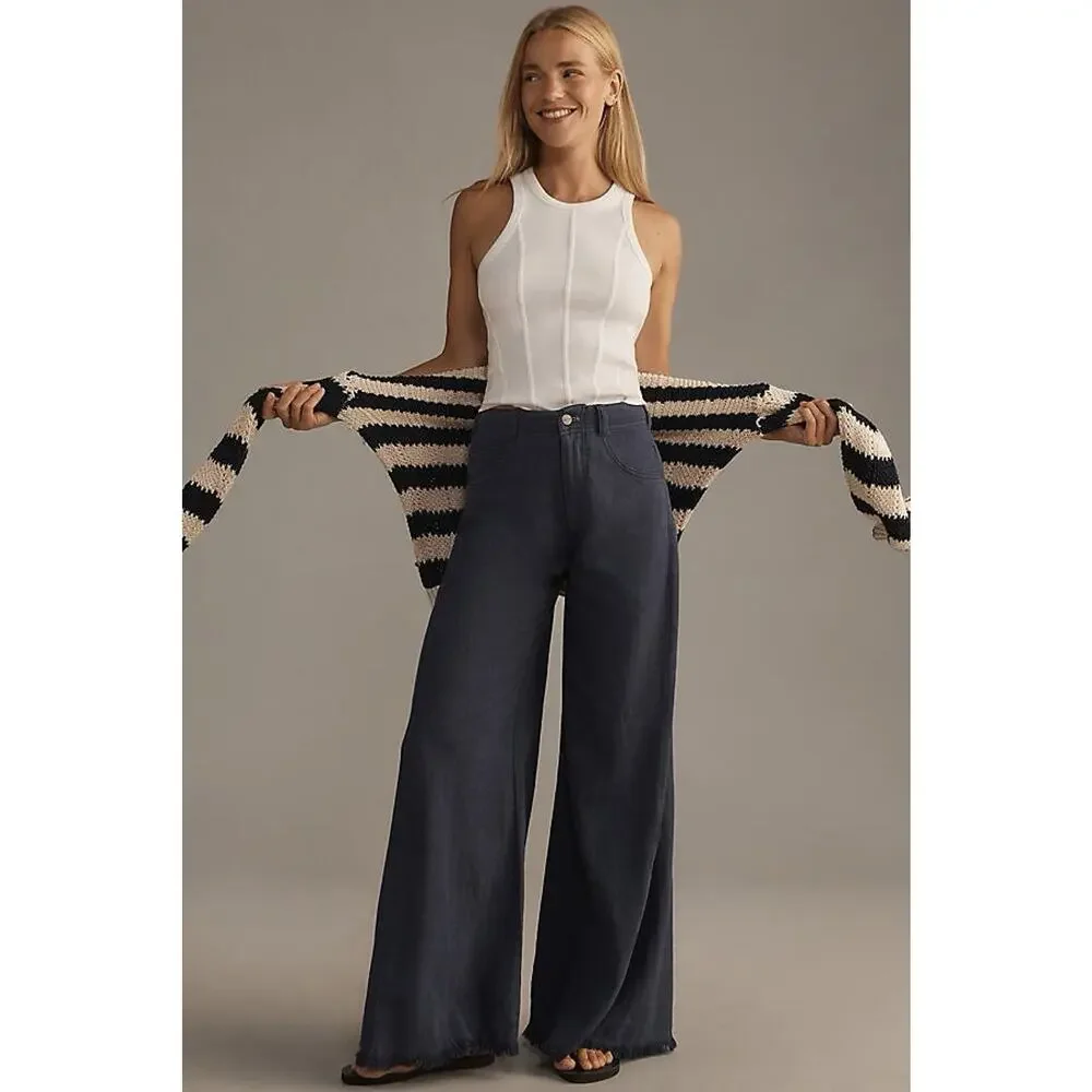 Anthropologie Pilcro The Adi Linen Mid-Rise Wide leg Flare Pants Navy 31 - Picture 1 of 11